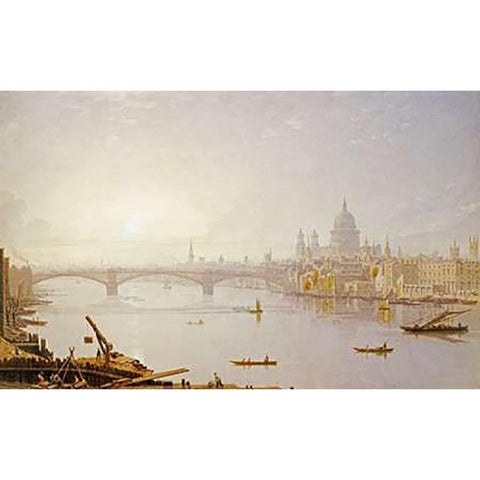 Southwark Bridge and St. Pauls Cathedral Gold Ornate Wood Framed Art Print with Double Matting by Robson, George Fennel