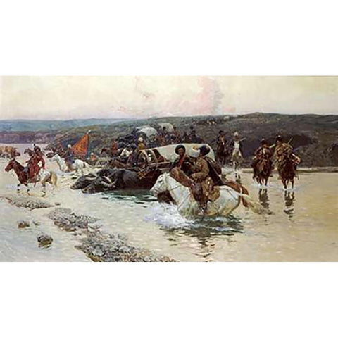 Tcherkess Convoy Crossing a River White Modern Wood Framed Art Print by Roubaud, Franz Alekseevitch