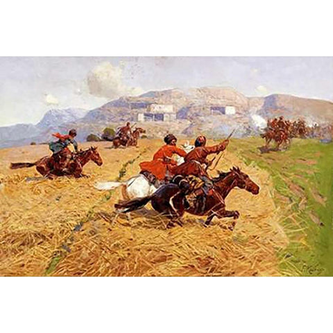 Cossacks Charging Into Battle Gold Ornate Wood Framed Art Print with Double Matting by Roubaud, Franz Alekseevitch