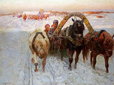 The Sleigh White Modern Wood Framed Art Print with Double Matting by Roubaud, Franz Alekseevitch