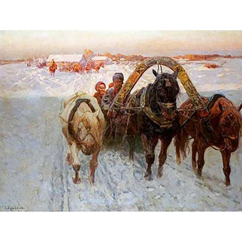 The Sleigh White Modern Wood Framed Art Print by Roubaud, Franz Alekseevitch