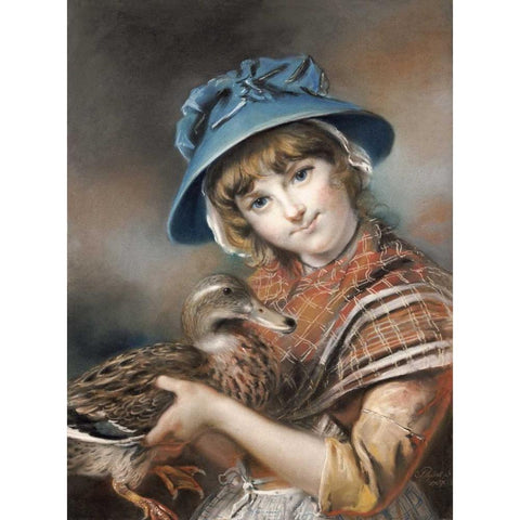 A Market Girl Holding a Mallard Duck Black Modern Wood Framed Art Print with Double Matting by Russell, John