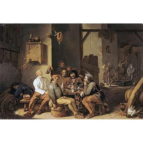 Peasants Smoking and Drinking Black Modern Wood Framed Art Print with Double Matting by Saftleven, Cornelis