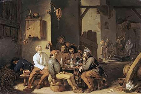 Peasants Smoking and Drinking White Modern Wood Framed Art Print with Double Matting by Saftleven, Cornelis