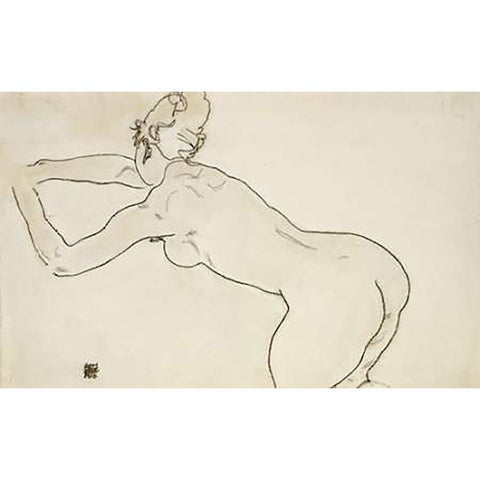 Female Nude Kneeling Gold Ornate Wood Framed Art Print with Double Matting by Schiele, Egon