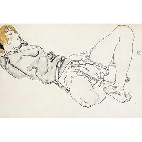 Reclining Woman With Blond Hair Black Modern Wood Framed Art Print with Double Matting by Schiele, Egon