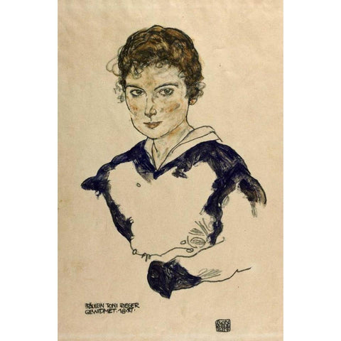 Portrait Fraulein Toni Rieger Black Modern Wood Framed Art Print with Double Matting by Schiele, Egon