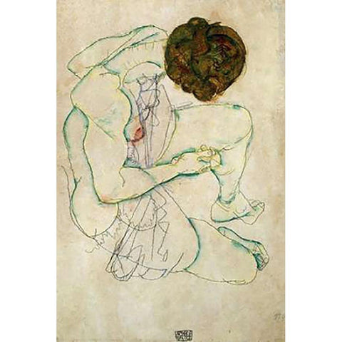 Seated Nude Woman Gold Ornate Wood Framed Art Print with Double Matting by Schiele, Egon