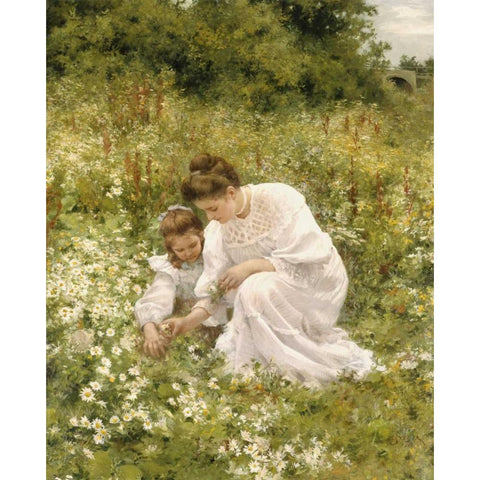 Picking Daisies White Modern Wood Framed Art Print by Seeger, Hermann