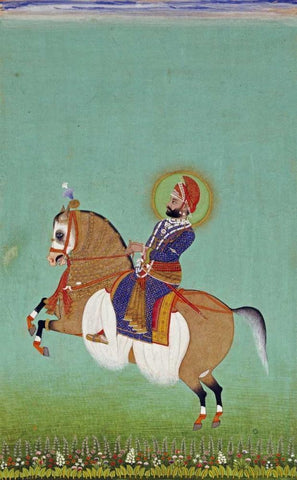 Equestrian Portrait of Maharana Sarup Singh Black Ornate Wood Framed Art Print with Double Matting by Shiva