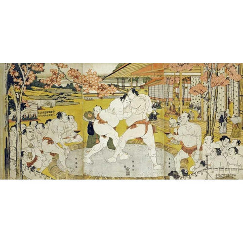 A Triptych of a Wrestling Bout Gold Ornate Wood Framed Art Print with Double Matting by Shunei, Katsukawa