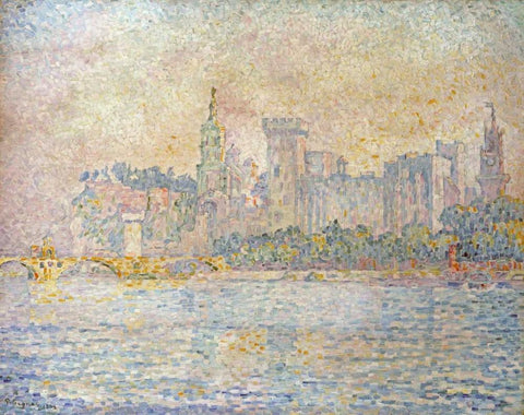 Avignon, Morning Black Ornate Wood Framed Art Print with Double Matting by Signac, Paul