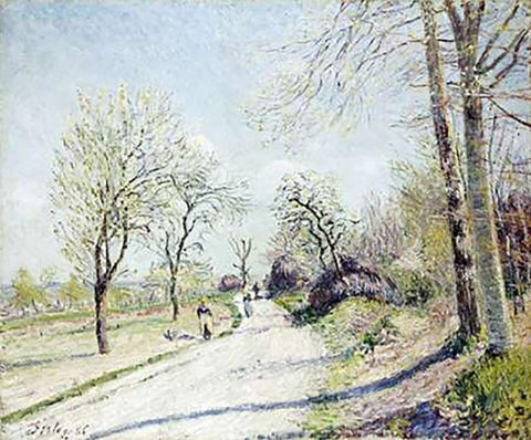 The Road from Veneux to Moret White Modern Wood Framed Art Print with Double Matting by Sisley, Alfred