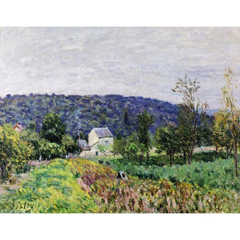 Hills Surrounding Paris Gold Ornate Wood Framed Art Print with Double Matting by Sisley, Alfred