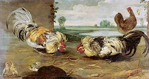 A Cock Fight Black Ornate Wood Framed Art Print with Double Matting by Snyders, Frans