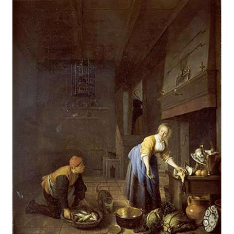 A Kitchen With a Kitchen Maid White Modern Wood Framed Art Print by Sorgh, Hendrik Martensz