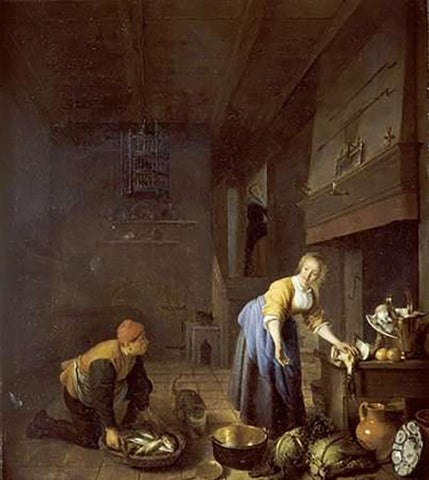 A Kitchen With a Kitchen Maid White Modern Wood Framed Art Print with Double Matting by Sorgh, Hendrik Martensz