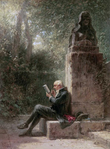 The Philosopher - The Reader In The Park Black Ornate Wood Framed Art Print with Double Matting by Spitzweg, Carl