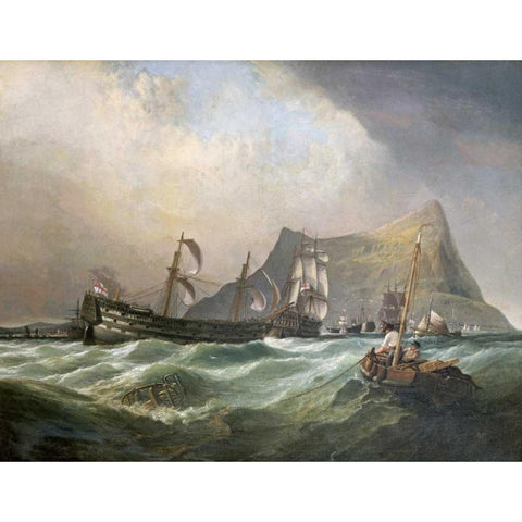 Neptune, Towing The Victory Into Gibraltar Harbour After The Battle of Trafalgar Black Modern Wood Framed Art Print with Double Matting by Stanfield, Clarkson