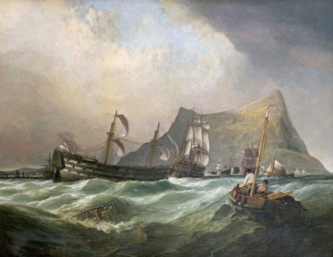 Neptune, Towing The Victory Into Gibraltar Harbour After The Battle of Trafalgar Black Ornate Wood Framed Art Print with Double Matting by Stanfield, Clarkson