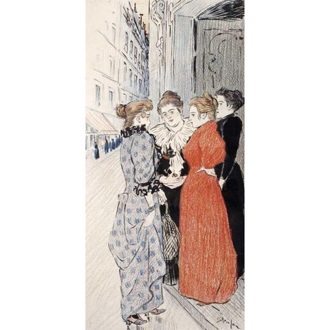 Women Conversing In The Street White Modern Wood Framed Art Print by Steinlen, Theophile