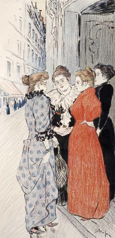 Women Conversing In The Street White Modern Wood Framed Art Print with Double Matting by Steinlen, Theophile