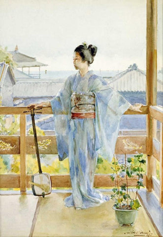 Geisha Standing On a Balcony Black Ornate Wood Framed Art Print with Double Matting by Stern, Anton Alois