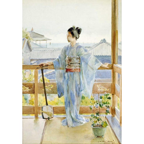 Geisha Standing On a Balcony Gold Ornate Wood Framed Art Print with Double Matting by Stern, Anton Alois