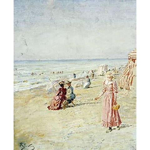 La Plage, Ostende Gold Ornate Wood Framed Art Print with Double Matting by Stevens, Alfred