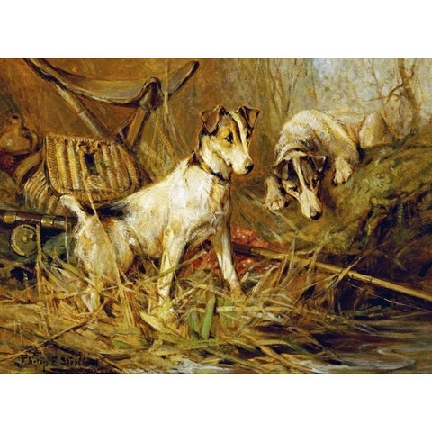 Two Smooth-Haired Fox Terriers Gold Ornate Wood Framed Art Print with Double Matting by Stretton, Philip Eustace