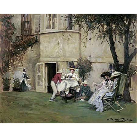 Tea In The Garden Black Modern Wood Framed Art Print with Double Matting by Tayler, Albert Chevallier