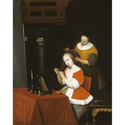 A Young Lady Having Her Hair Combed By a Maid White Modern Wood Framed Art Print by Ter Borch, Gerard