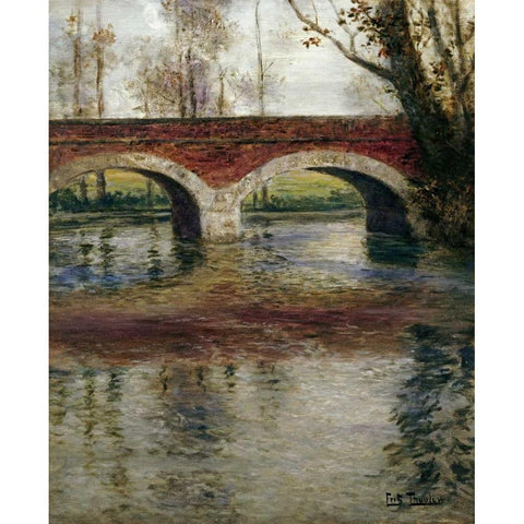 A River Landscape With a Bridge Gold Ornate Wood Framed Art Print with Double Matting by Thaulow, Fritz