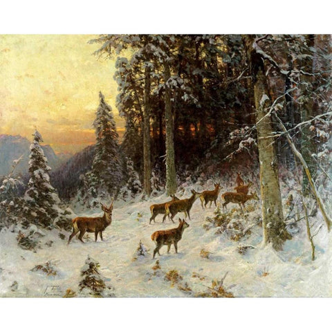 Deer In Winter Wooded Landscape Black Modern Wood Framed Art Print with Double Matting by Thiele, Arthur Julius