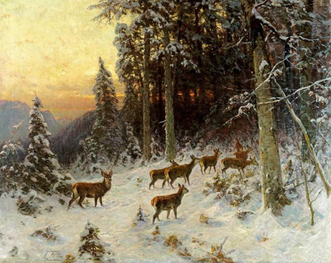 Deer In Winter Wooded Landscape Black Ornate Wood Framed Art Print with Double Matting by Thiele, Arthur Julius