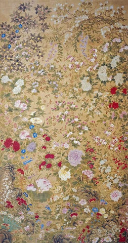 One Hundred Flowers Black Ornate Wood Framed Art Print with Double Matting by Tingxi, Jiang