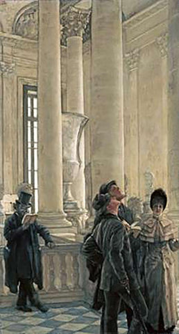 The North Stairs at The Louvre Black Ornate Wood Framed Art Print with Double Matting by Tissot, James Jacques