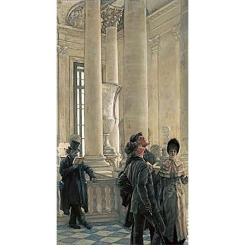 The North Stairs at The Louvre White Modern Wood Framed Art Print by Tissot, James Jacques