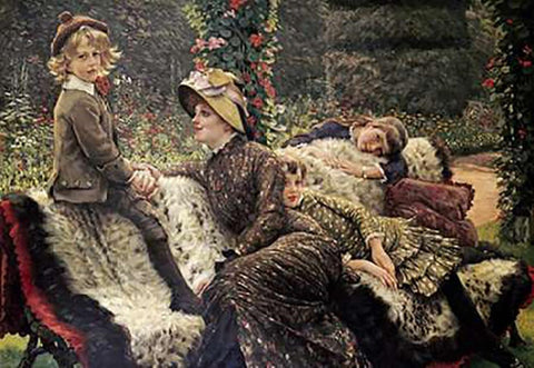 The Garden Bench Black Ornate Wood Framed Art Print with Double Matting by Tissot, James Jacques