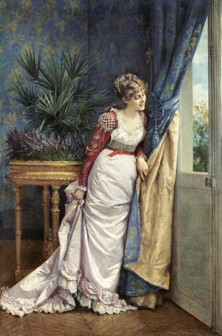 Awaiting The Visitor Black Ornate Wood Framed Art Print with Double Matting by Toulmouche, Auguste