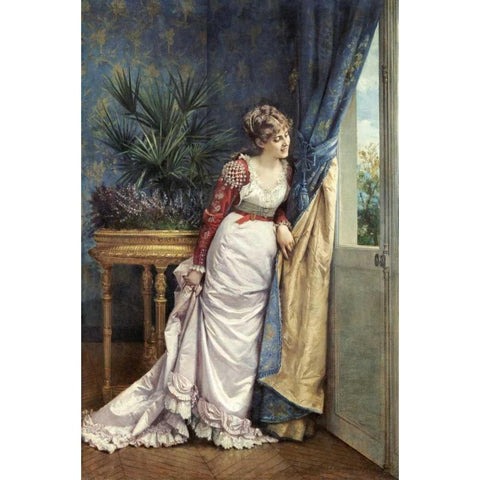 Awaiting The Visitor White Modern Wood Framed Art Print by Toulmouche, Auguste