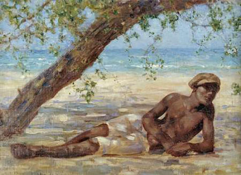 Samuel Under a Tree, Jamaica White Modern Wood Framed Art Print with Double Matting by Tuke, Henry Scott