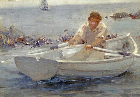 Man In a Rowing Boat Black Ornate Wood Framed Art Print with Double Matting by Tuke, Henry Scott