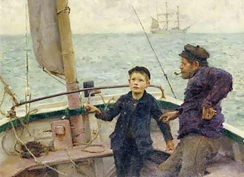 The Steering Lesson White Modern Wood Framed Art Print with Double Matting by Tuke, Henry Scott