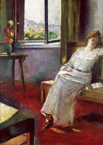 Seated Woman With a Book White Modern Wood Framed Art Print with Double Matting by Ury, Lesser