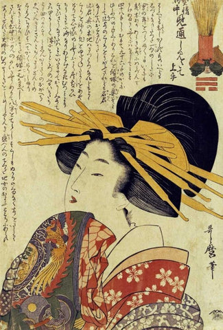 A Courtesan Raising Her Sleeve White Modern Wood Framed Art Print with Double Matting by Utamaro, Kitagawa