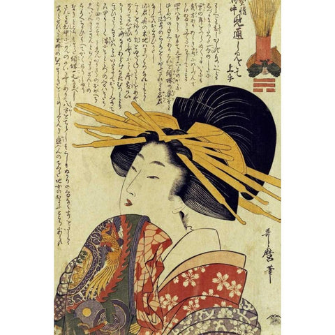 A Courtesan Raising Her Sleeve White Modern Wood Framed Art Print by Utamaro, Kitagawa