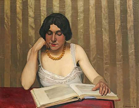 Reader With a Yellow Necklace Black Ornate Wood Framed Art Print with Double Matting by Vallotton, Felix