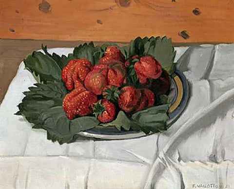 Still Life With Strawberries White Modern Wood Framed Art Print with Double Matting by Vallotton, Felix