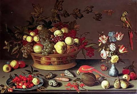 A Basket of Grapes and Other Fruit Black Ornate Wood Framed Art Print with Double Matting by Van Der Ast, Balthasar